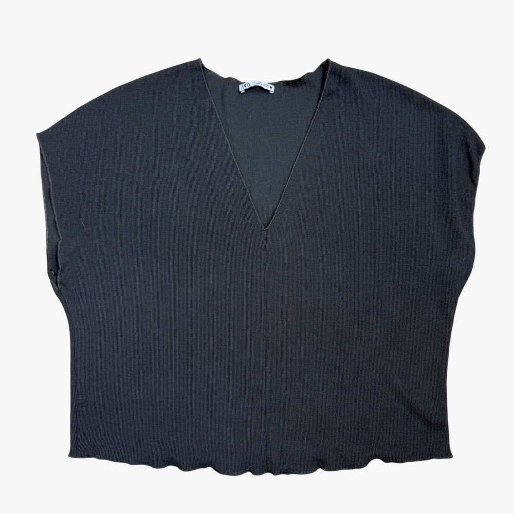 Zara Ribbed V-Neck Cap Sleeve Top Women Large Black Casual Office Minimalist